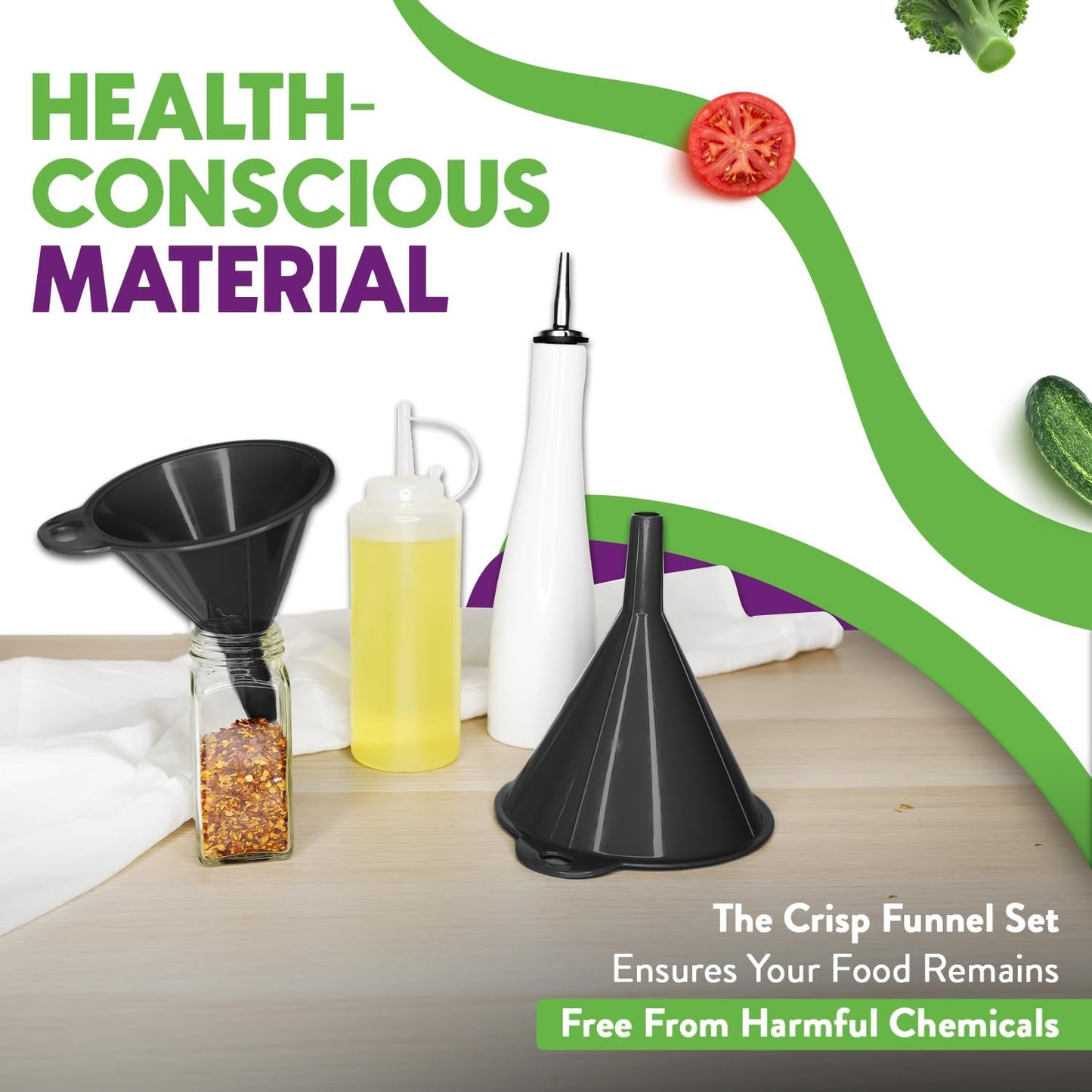 Crisp 2-Piece Funnel Set - All Purpose Funnels for Kitchen Use Filling Bottles - Durable & Dishwasher Safe Kitchen Funnel Set - Made in The USA - Black
