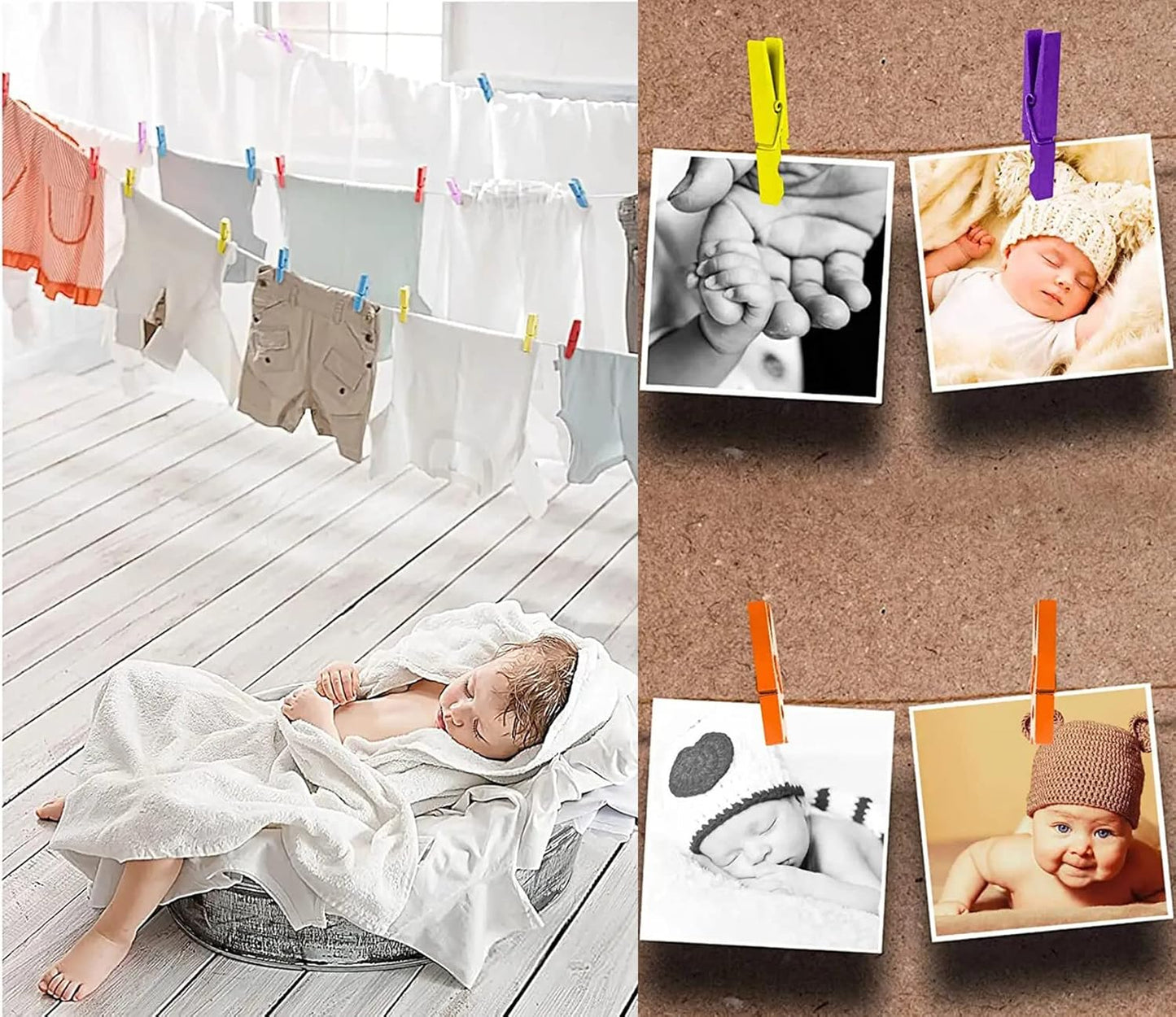 1.8 Inch Silver Wooden Clothespins Hold Picture Photo Clothesline Pins Hanging Christmas Cards with Jute Twine Pack 50