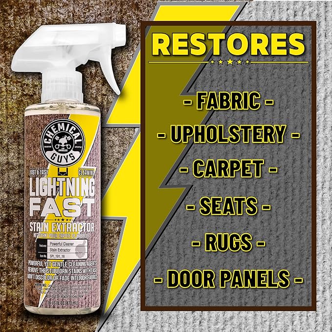 Chemical Guys Lightning Fast Carpet and Upholstery Stain Extractor - Fabric, Upholstery, and Carpet Cleaner, Safe for Cars, Home, Office, Furniture, and More, Unscented- 16 oz