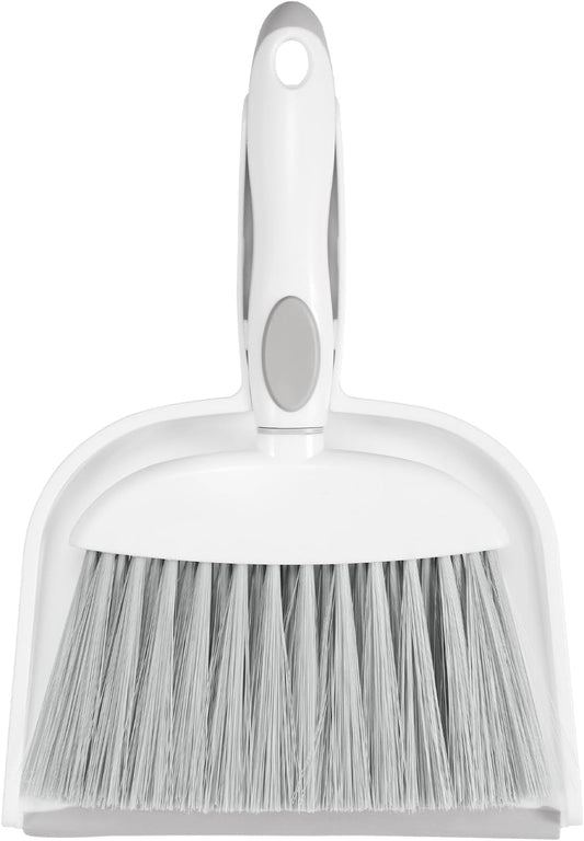 NACENA Small Dust Pan and Brush Set, Mini Broom and Dustpan Set Small Hand Broom and Brush Combo Dust Pan with Teeth for Home Cleaning Drawers Desktop Sofas Pet Care and Outdoor, White & Gray