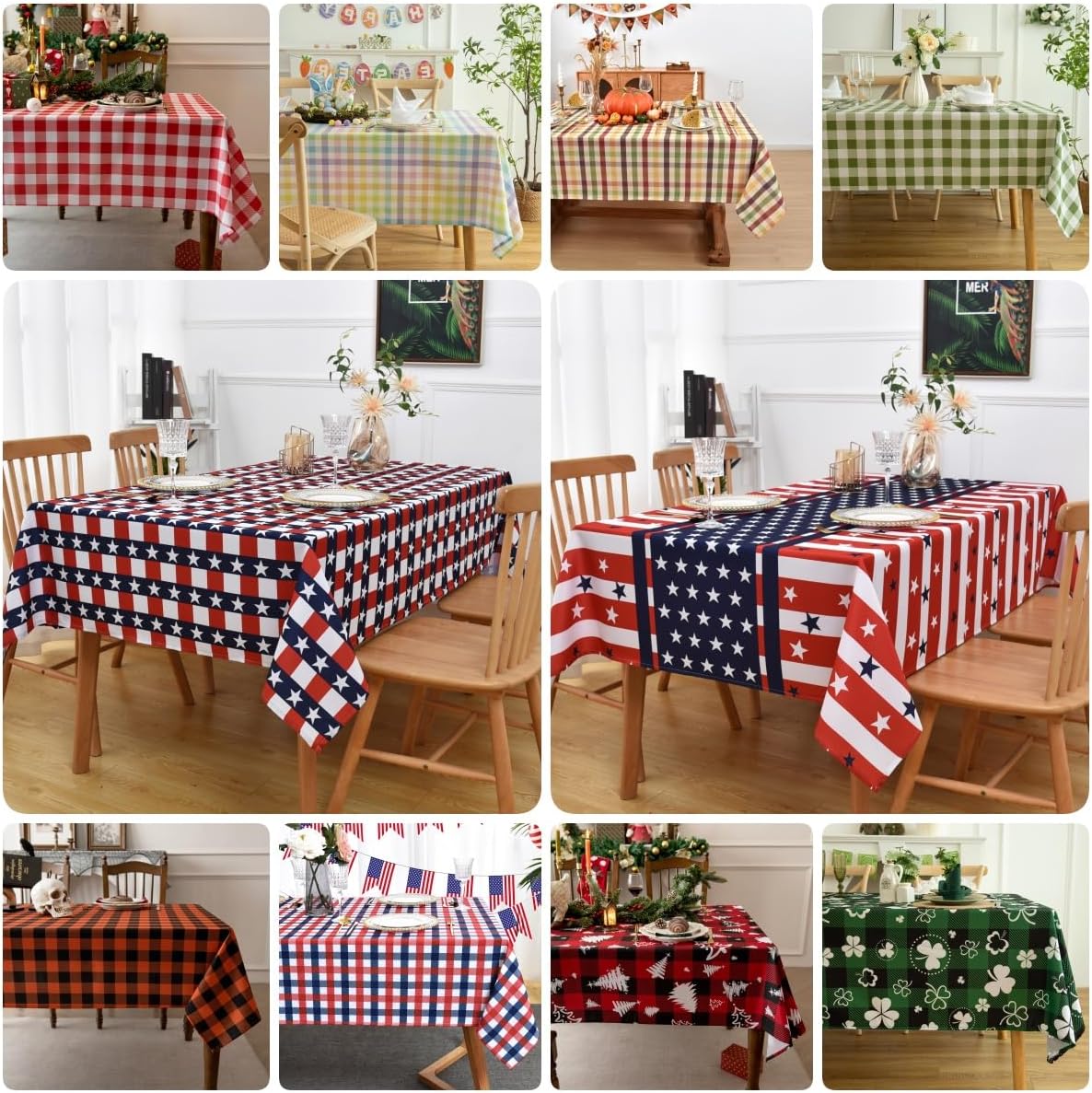 Classic Gingham 4th of July Tablecloth Fabric - Oblong 58x144 Inch Patriotic Party Table Cloth for Indoor Outdoor - American Theme Table Cover for Picnics and Parties