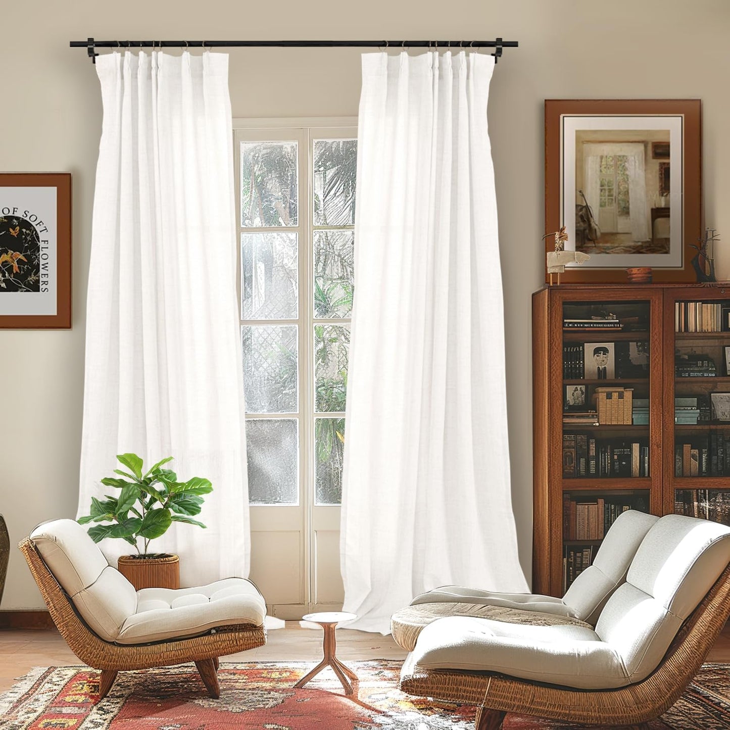 YoungsTex White Linen Curtains for Living Room 95 Inch Long 2 Panels, Semi Sheer Drapes Light Filtering with Pinch Pleated for Bedroom Dining Room Floor Length Window Treatments, 40 X 95 Inch