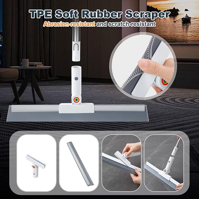 Rubber Squeegee Broom for Floor,Upgrade 62" Long Handle Window Squeegee, 2 Cleaning Cloths, Silicone Pet Hair Remover,Magic Broom Removes Water Spots, Stains, Grease, and Hair from Glass Surfaces.