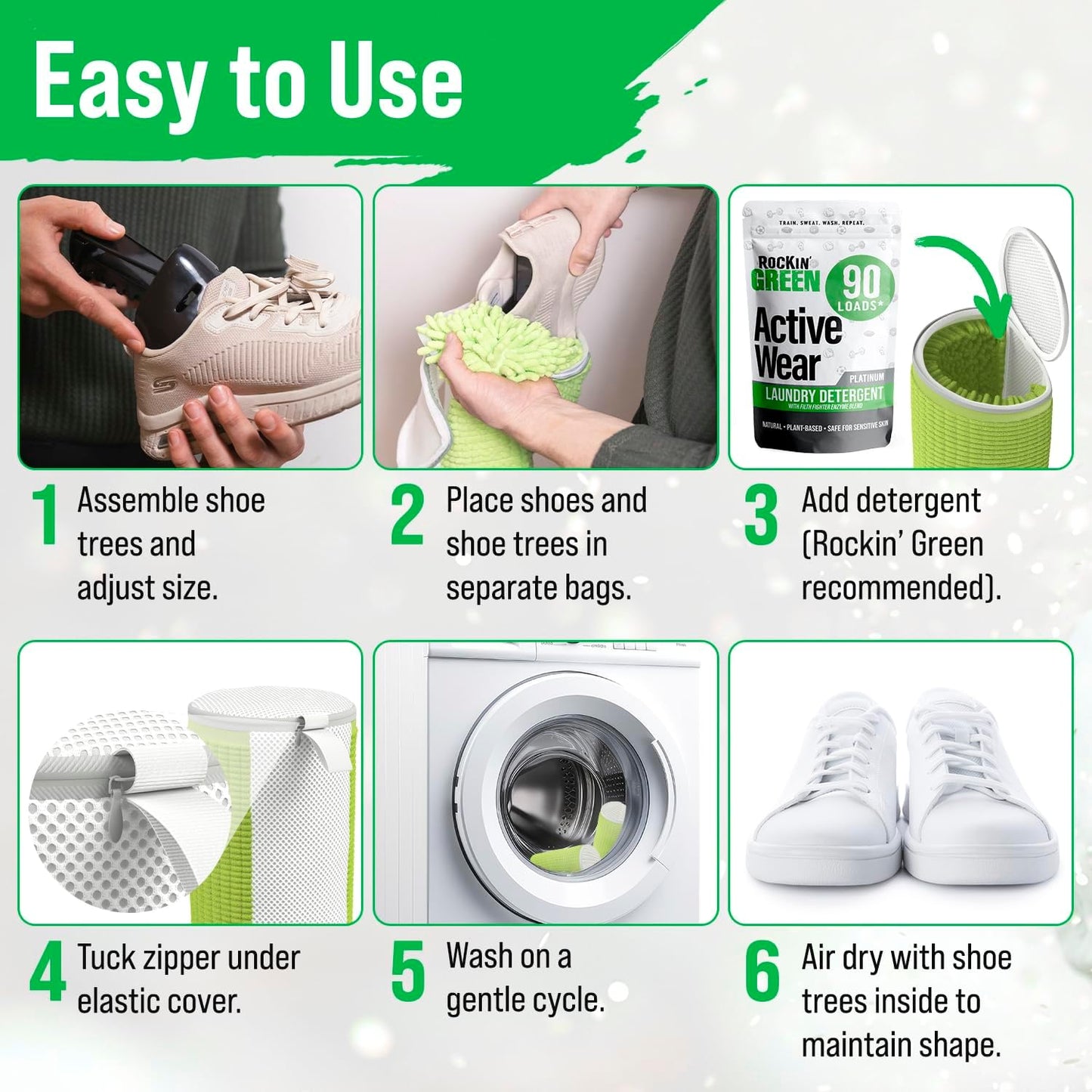 Rockin'Green Shoe Washing Machine Bag - 360° Deep Clean Shoe Washing Bag - Shoe Bag for Washing Machine with Cleaning Fibers - Reusable Sneaker Washing Machine Bag with Zipper (2 Pieces)