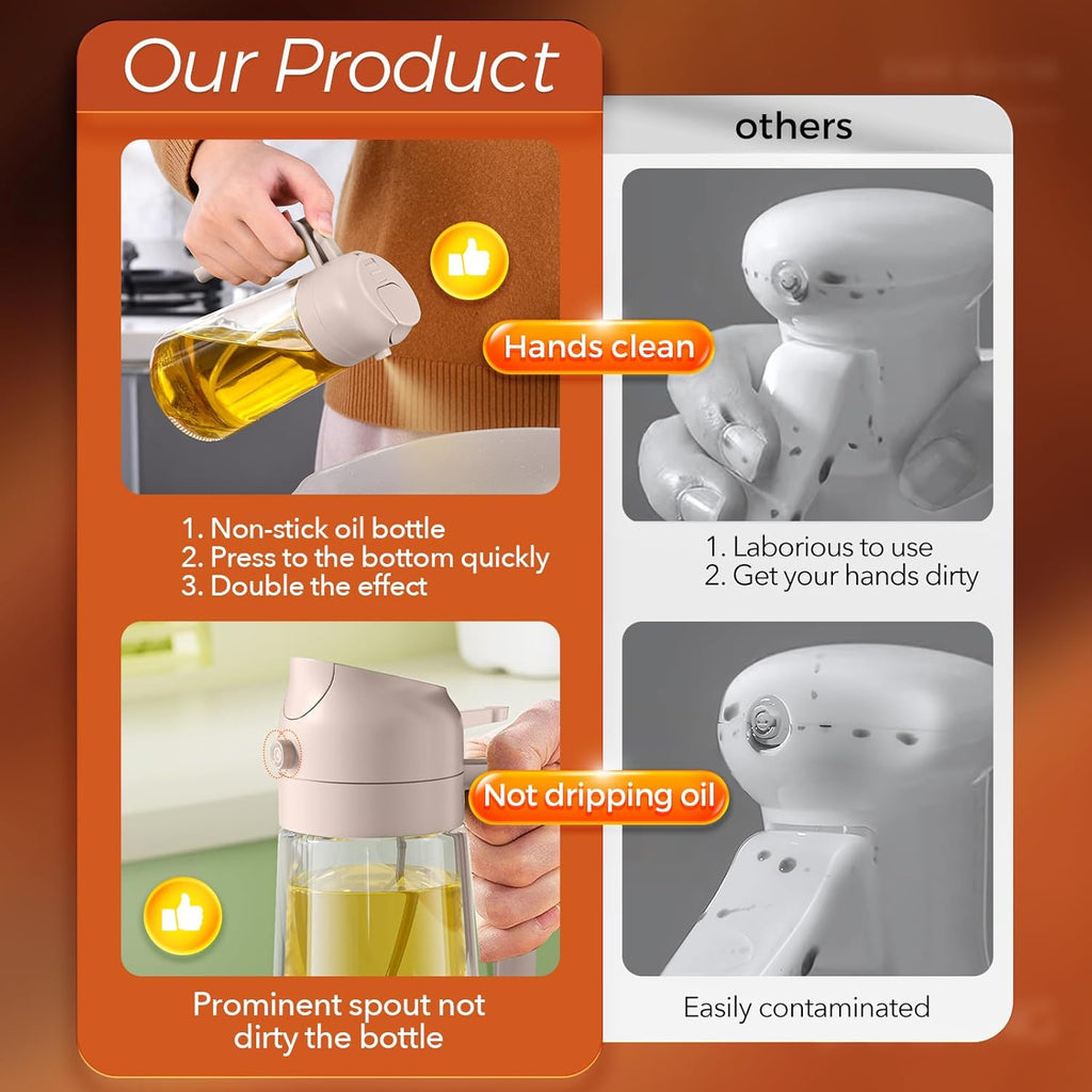 YARRAMATE 16oz/470ml Glass Olive Oil Sprayer for Cooking with Stickers, 2 in 1 Oil Dispenser for Kitchen Gadgets, Food Grade Premium Spray Bottle for Salad, Frying, BBQ (LotusRootPink)