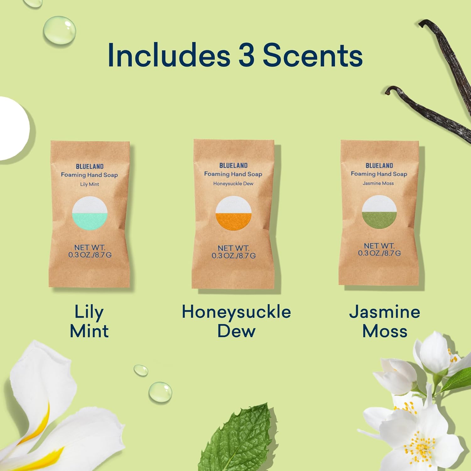 BLUELAND Foaming Hand Soap Refill Tablets, 4-Pack, Garden Blooms Variety Scents, Eco Friendly Cleaning Products, 4 x 9 Fl oz