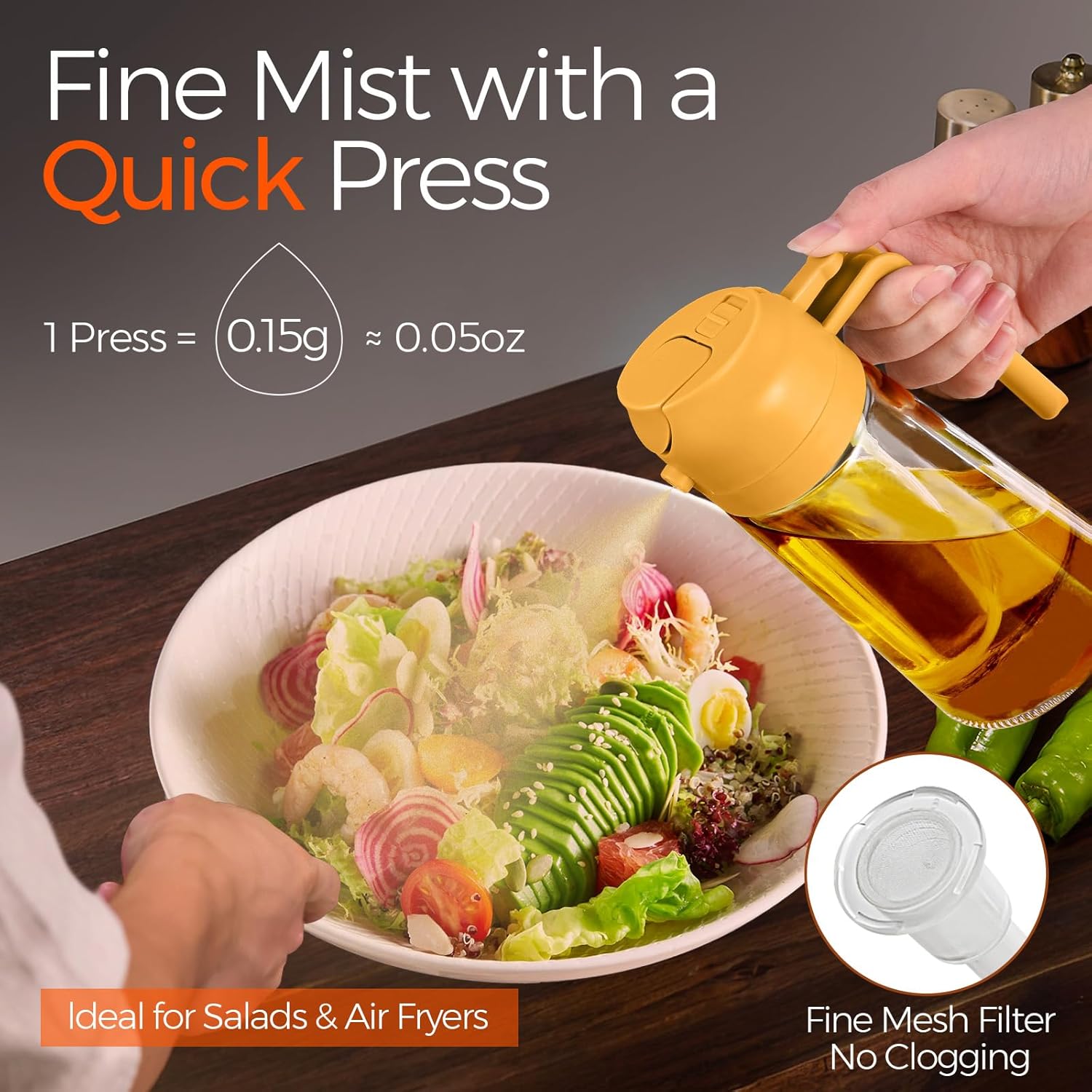 YARRAMATE 16oz/470ml Glass Olive Oil Sprayer for Cooking with Stickers, 2 in 1 Oil Dispenser for Kitchen Gadgets, Food Grade Premium Spray Bottle with Portion Control for Salad, Frying, BBQ (Orange)