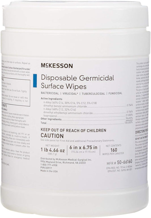 McKesson Germicidal Wipes [1920 Count] Disinfecting Wipes, Alcohol Cleaning Disinfectant Wipes, Hospital Grade Multi-Surface Wipes, 160 Wipes, 12 Pack