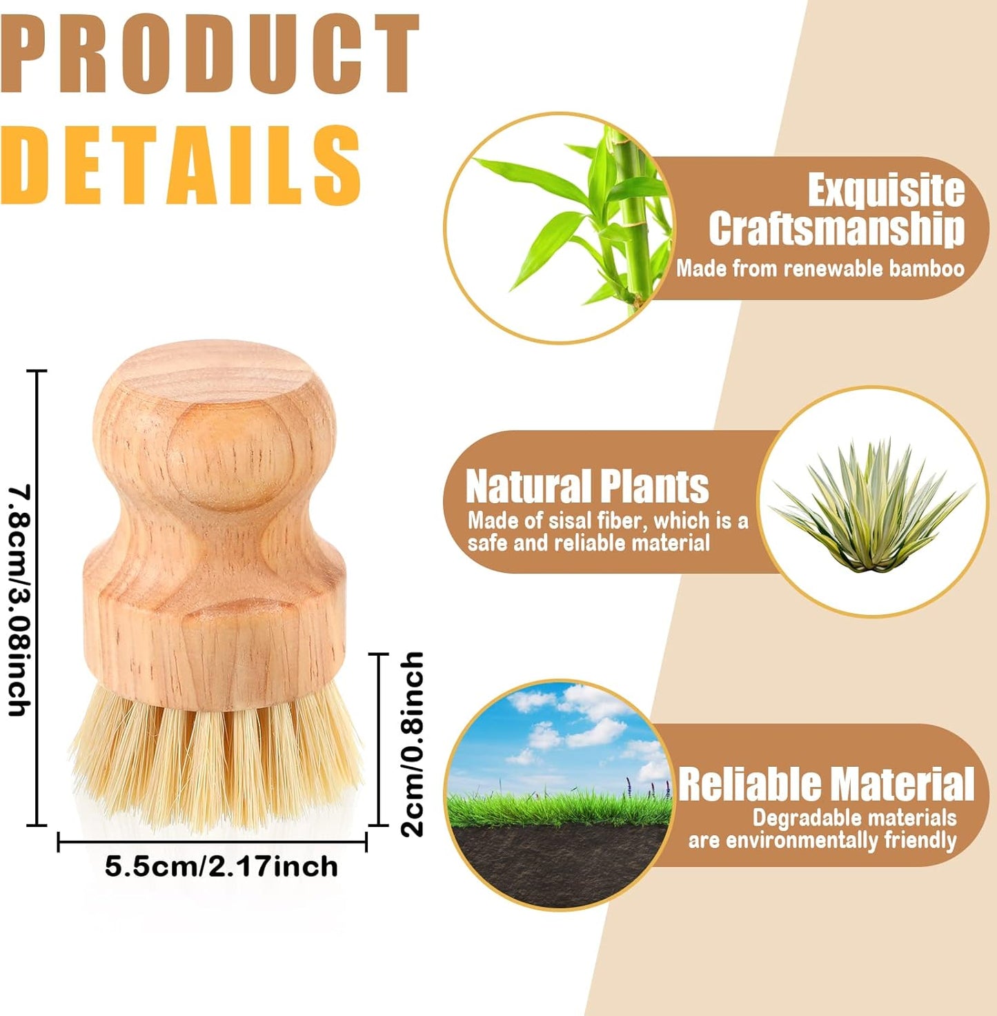 Nuenen 30 Packs Bamboo Dish Scrub Brushes Wooden Scrubbers Set Kitchen Dishwashing Scrubber with Natural Sisal Bristles for Iron Pot Pan Sink