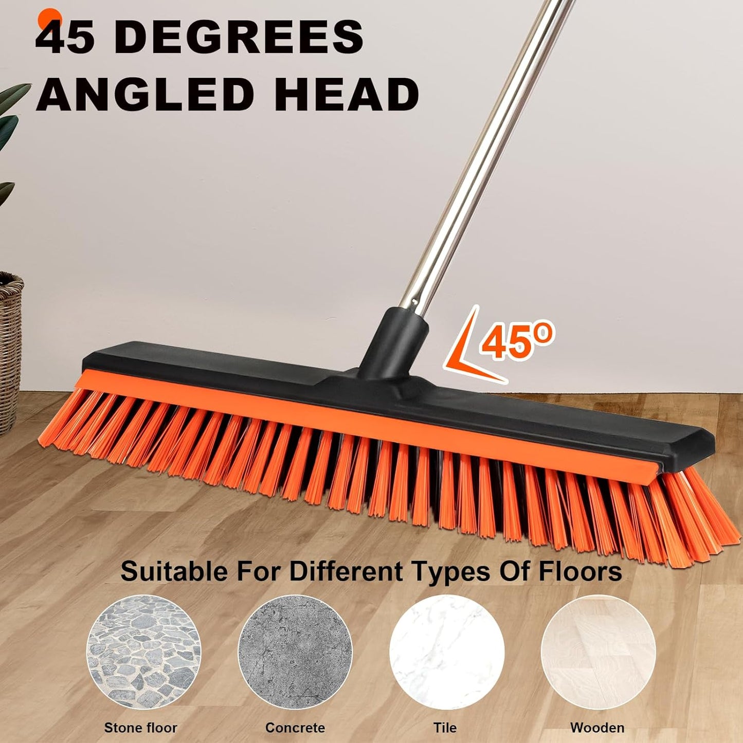 18" Push Broom Outdoor with Rubber Squeegee,Heavy Duty Broom Brush with Handle,Stiff Bristles for Patios and Deck Dirt Garage Warehouse Driveway Concrete Floor Cleaning Scrubbing