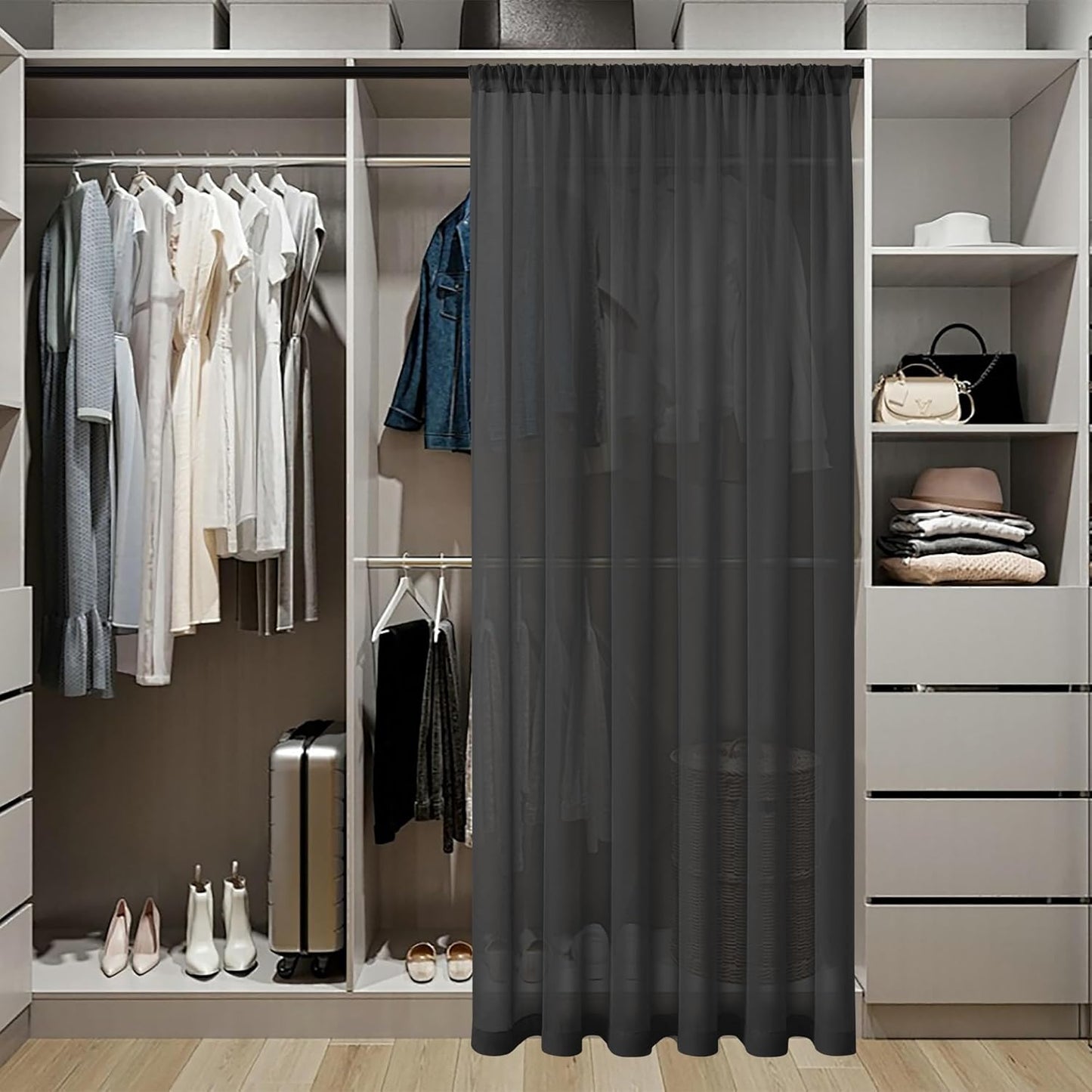 Tollpiz Sheer Door Curtains Closet Linen Textured Curtains Sheer Doorway Light Filtering Voile Rod French Door Pocket Curtain Patio Glass Door, 25 x 72 inches Long, Black, Set of 1 Panel