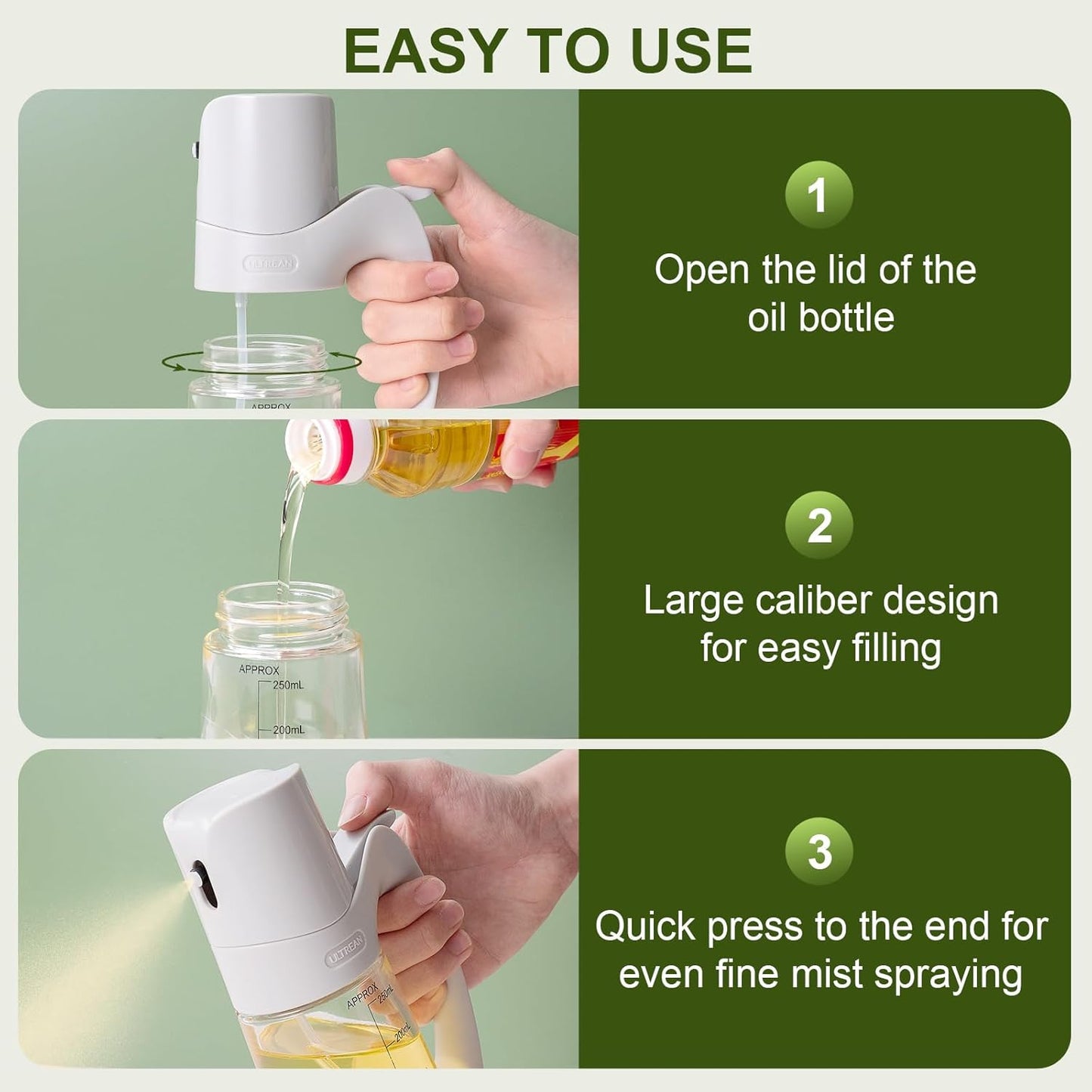 Ultrean Oil Sprayer for Cooking, 10oz/300ml Olive Oil Dispenser Bottle for Kitchen, Food-grade Glass Oil Bottle for Air Fryer, BBQ, Salad
