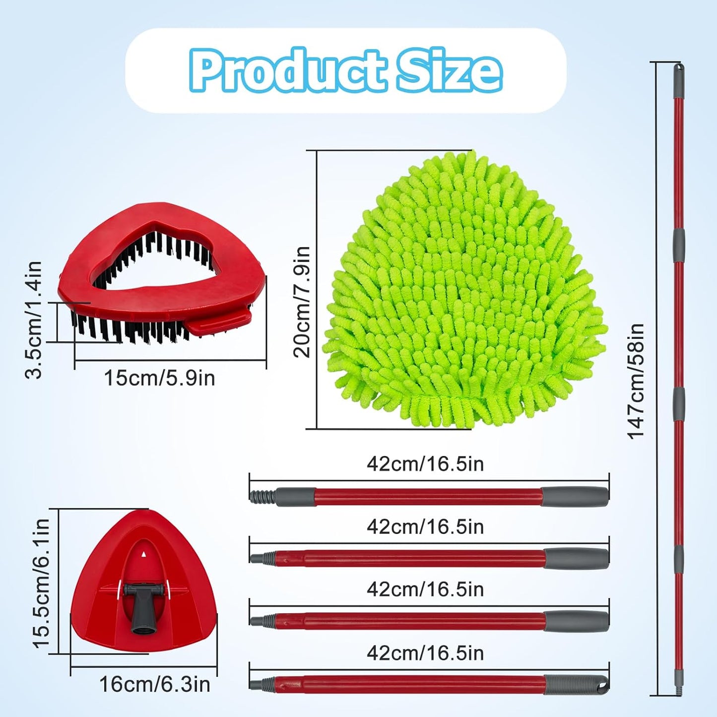 Spin Mop Handle, Mop Replace Heads, Scrubber Head and Base Replacement for O-Cedar EasyWring 1 Tank System, 2 Microfiber Mops Heads Replacements and 1 Scrub Brush, Use for Wet/Dry Hard Floor Cleaning