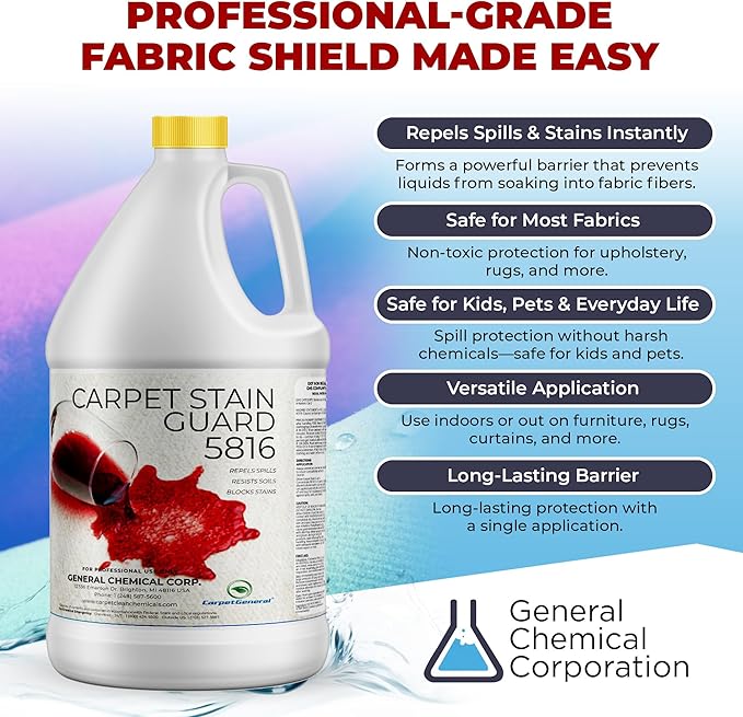 General Chemical Stain Shield Spray - Safe Fabric Protector Spray and Stain Guard 5816 for Upholstery, Carpets, Rugs, Drapes & More - Impermeable Protectant Spray for Outdoor & Indoor Use - 1 Gallon