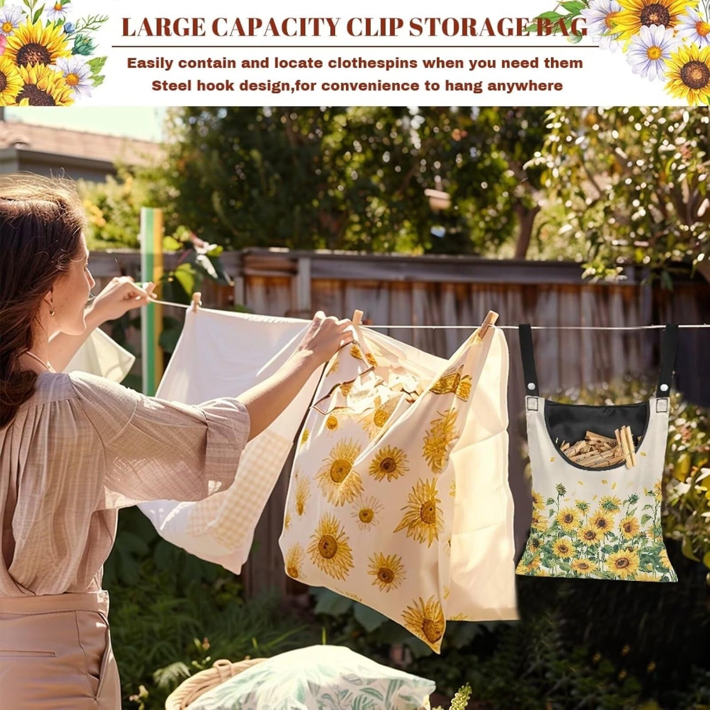 Sunflower Clothespin Bag, Hanging Laundry Bag, Hanging Storage Organizer with Hanging Rope Clothes Lines for Hanging Clothes Outside, for Home Outdoor