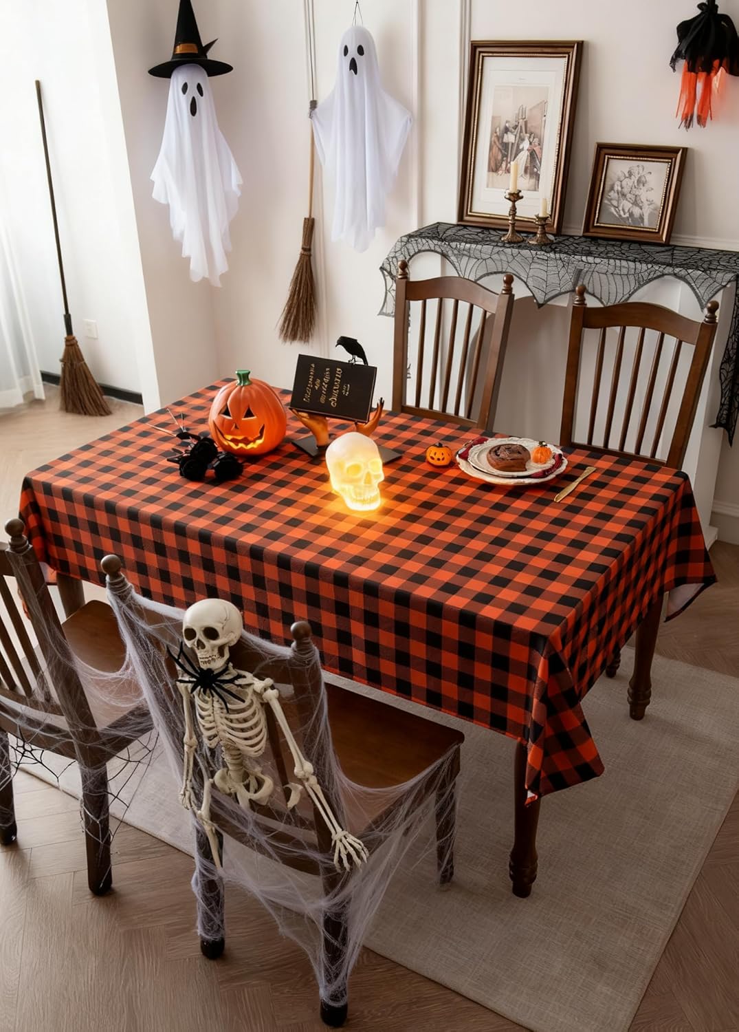 Waterproof Orange Plaid Tablecloth Fabric - Square 58x58 Inch Classic Gingham Checker Halloween Table Cloth for Indoor Use - Fall Tabletop Cover Perfect for Picnics, BBQs, and Parties