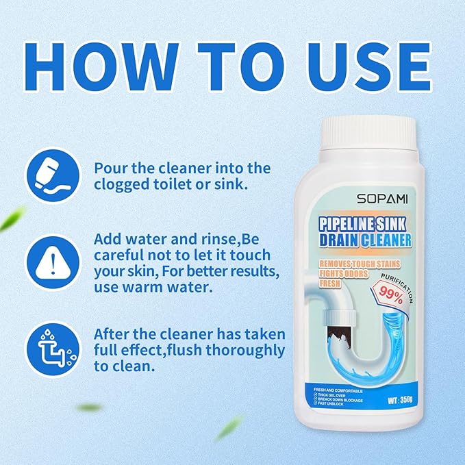 Drain Cleaner Powder for Sink and Pipes, SOPAMI Fast Acting Kitchen and Bathroom Drain Unclogger, Powerful Pipe Cleaning Powder and Deodorizer for Toilet, Bathtub, Shower and Floor Drains (1)