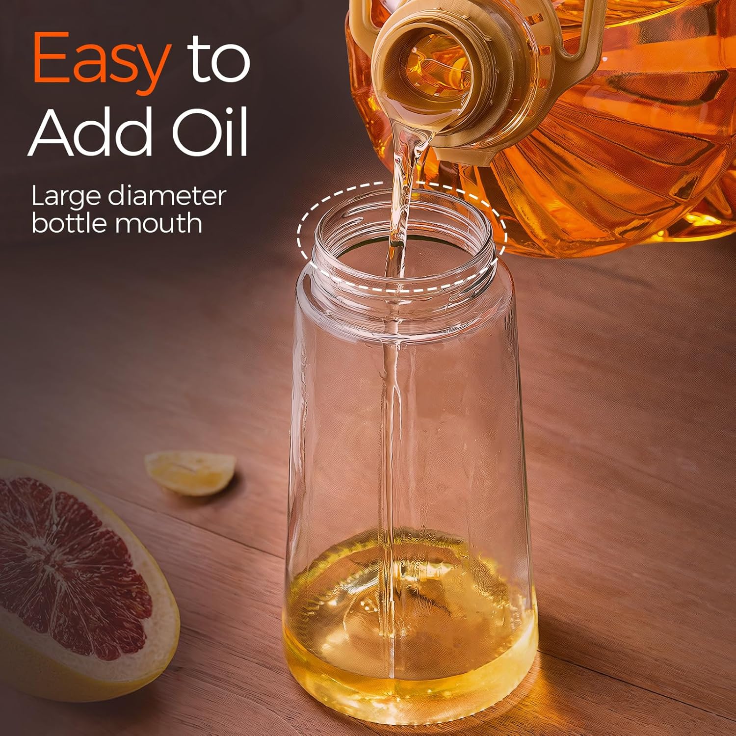 YARRAMATE 16oz/470ml Glass Olive Oil Sprayer for Cooking with Stickers, 2 in 1 Oil Dispenser for Kitchen Gadgets, Food Grade Premium Spray Bottle with Portion Control for Salad, Frying, BBQ (Orange)