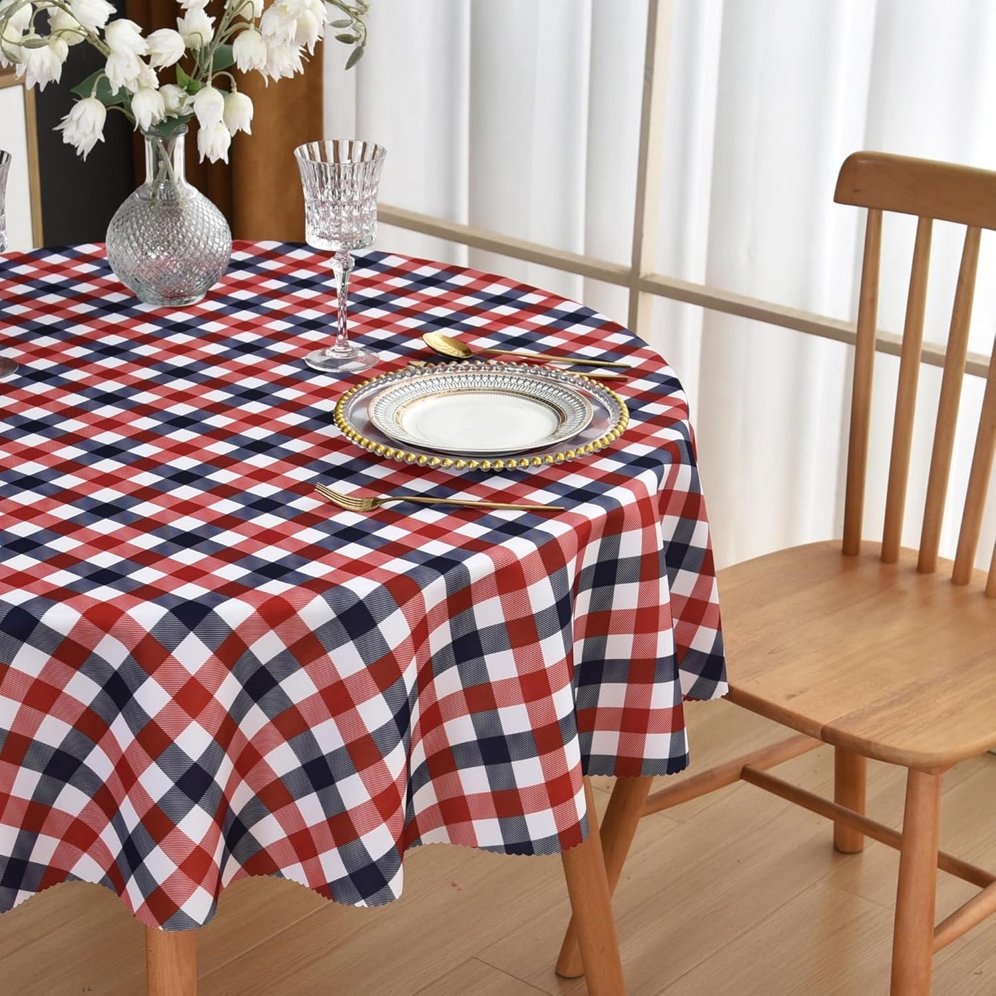Waterproof Plaid Tablecloth Fabric - Round 108 Inch Classic Gingham Checker Table Cloth for Indoor/Outdoor Use - Buffalo Table Cover for Picnics, BBQs, and Parties