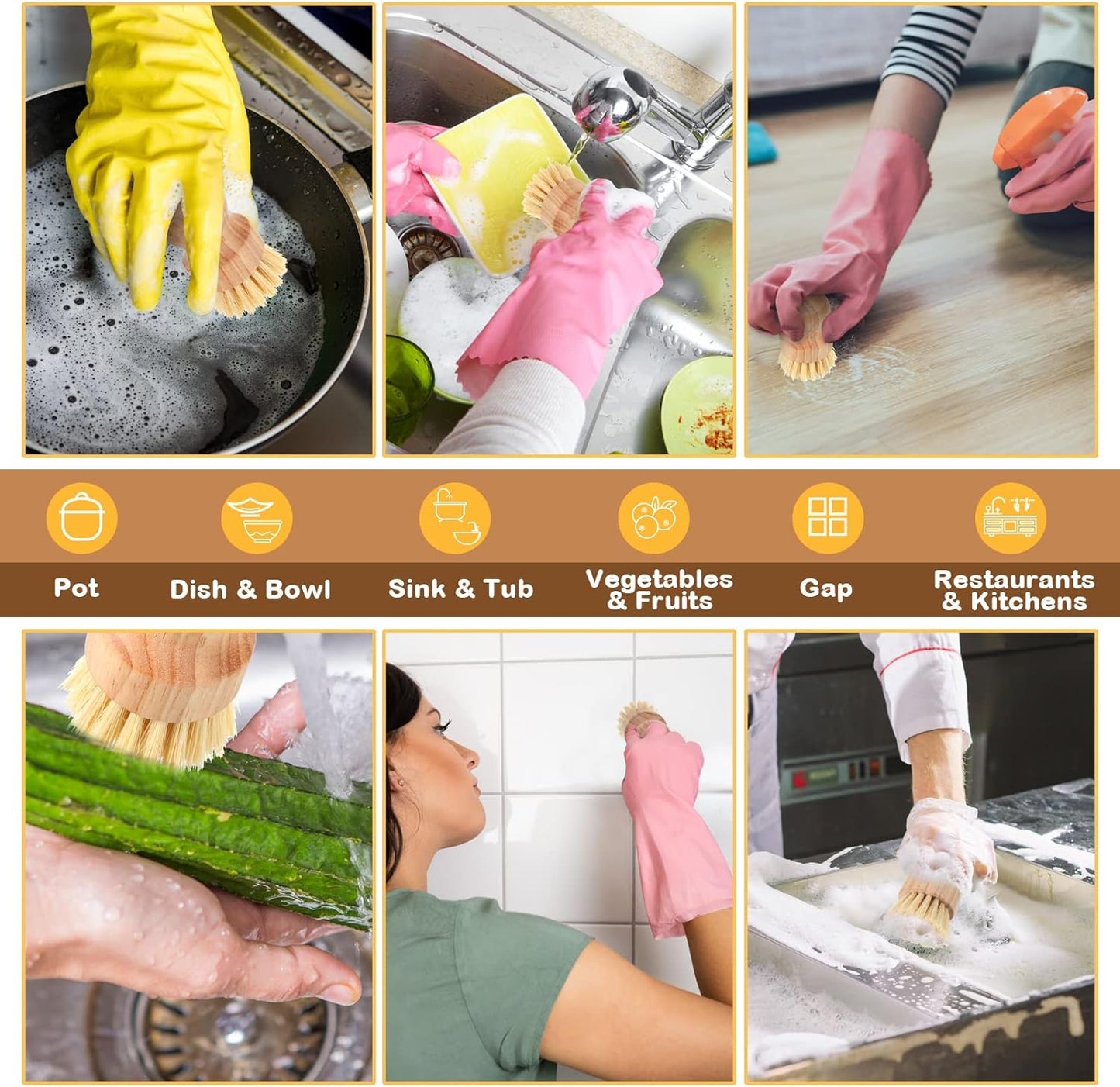 Nuenen 12 Packs Bamboo Dish Scrub Brushes Wooden Scrubbers Set Kitchen Dishwashing Scrubber with Natural Sisal Bristles for Iron Pot Pan Sink