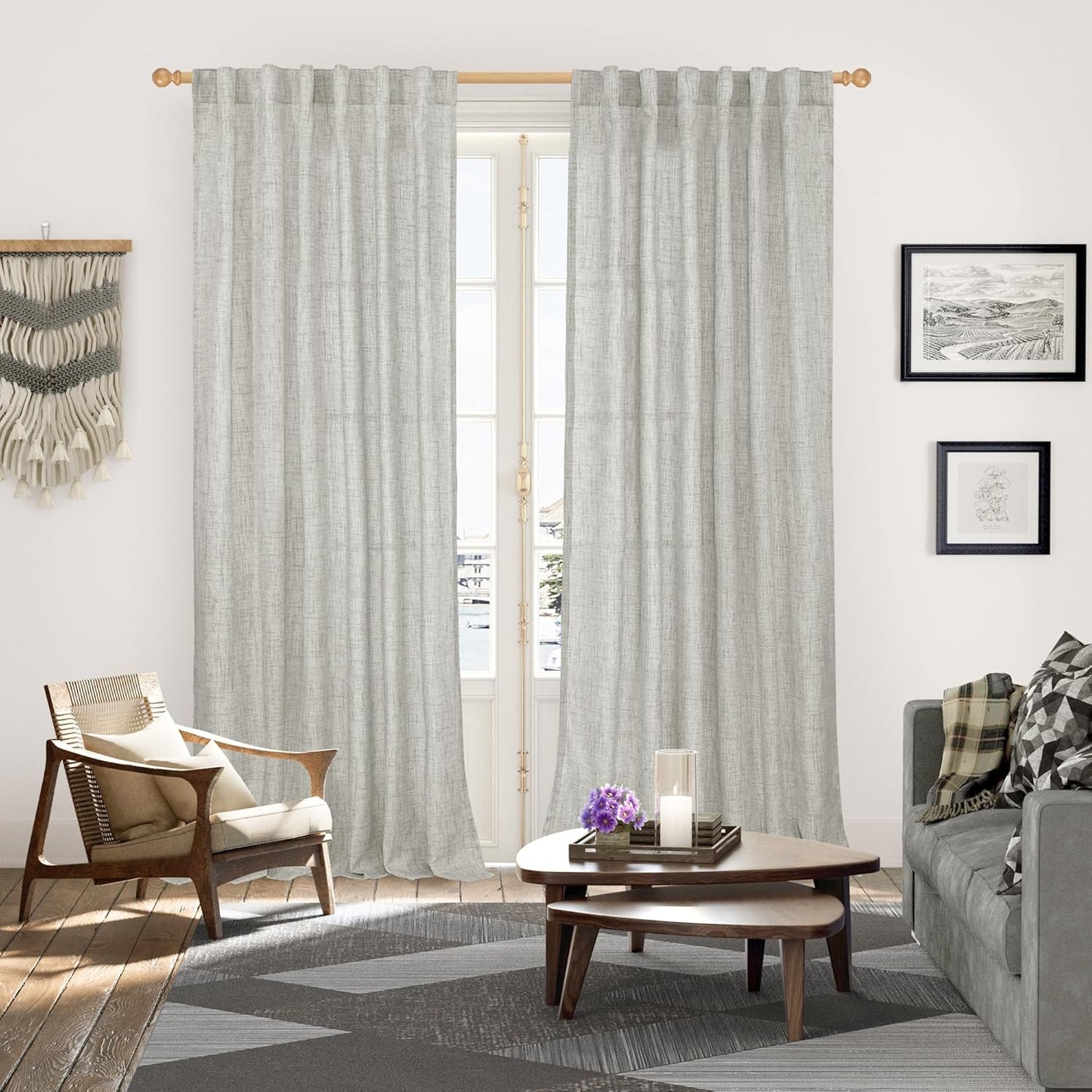 YoungsTex Light Grey Linen Curtains 95 Inches Long for Living Room, Floor Length Semi Sheer Drapes with Rod Pocket Back Tab Light Filtering Window Treatments for Bedroom, 52 X 95 Inch, 2 Panels