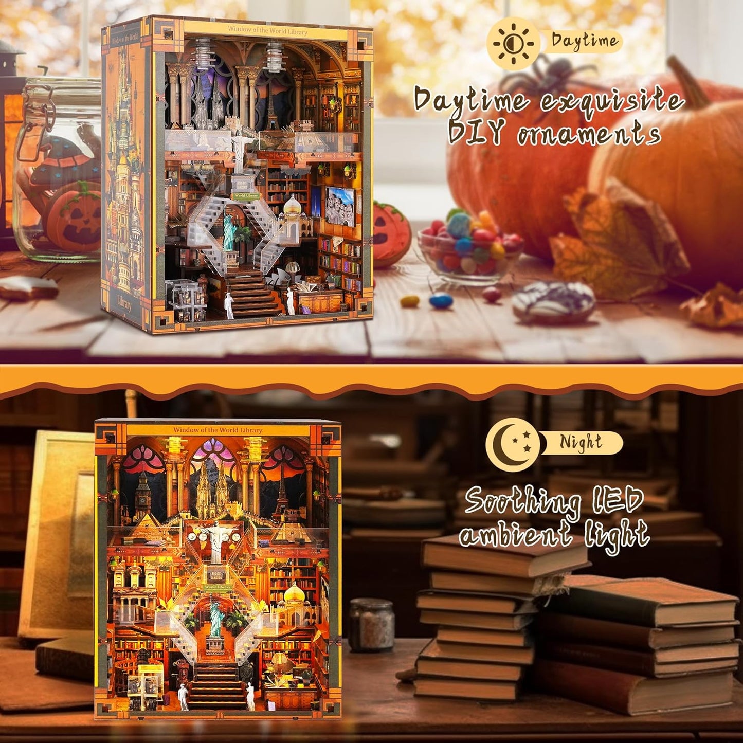 Book Nook Kits for Adults – The World Library Booknook – 3D Wooden Puzzle with LED Lights – Creative Bookshelf Insert & Educational Gift for Book Lovers & DIY Enthusiasts